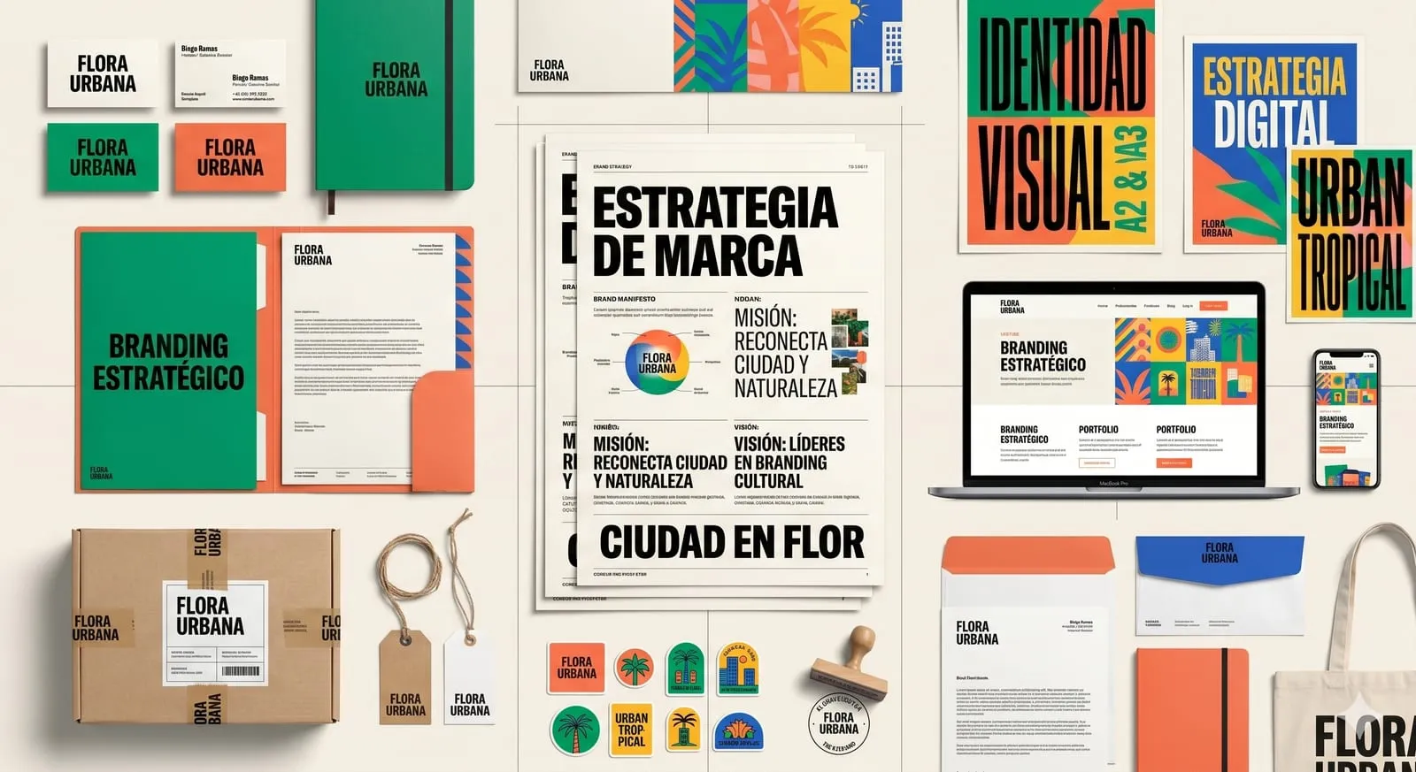 Sistema de identidad de marca completo: papelería, packaging y web