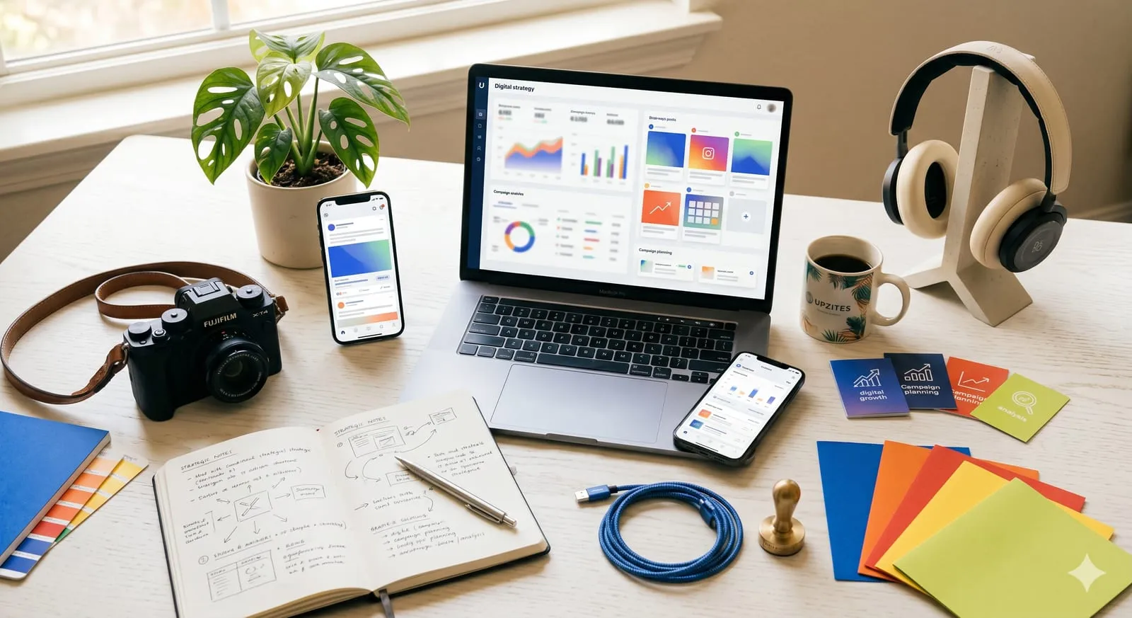 Espacio de trabajo con analítica, contenido y campañas